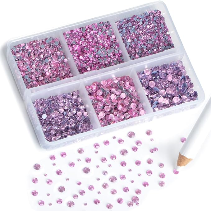 8000pcs Hotfix Rhinestones Flatback,Rhinestones for Crafts Clothes Mixed 6 Sizes, Hotfix Crystals with Wax Pencil Kit, SS3-SS12,Lt. Rose