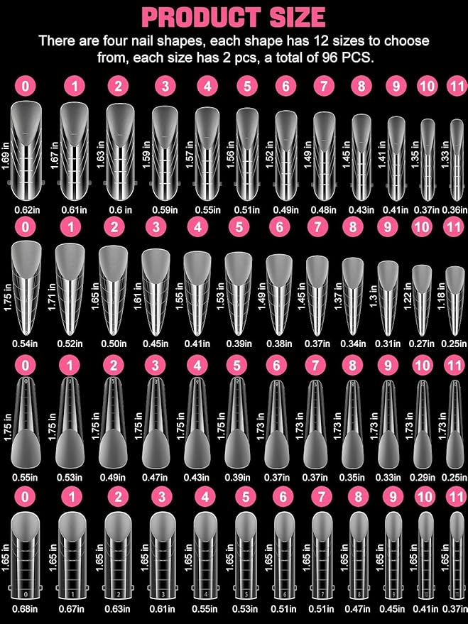 EBANKU Poly Gel Nail Forms 96PCS Clear Matte Dual Nail Forms Polygel Full Cover Nail Mold for Acrylic Nail Extension 12 Sizes 4 Styles Poly Gel Nail Art Salon Nails