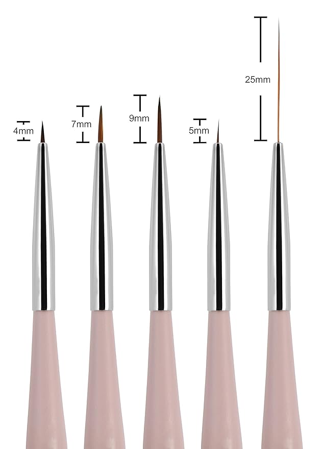 Beaute Galleria 5 Pieces Nail Art Brush Set with Liners (4mm, 7mm, 9mm) Striping Brushes (5mm, 25mm), for Thin Fine Line Drawing, Detail Painting, Striping, Blending, One Stroke