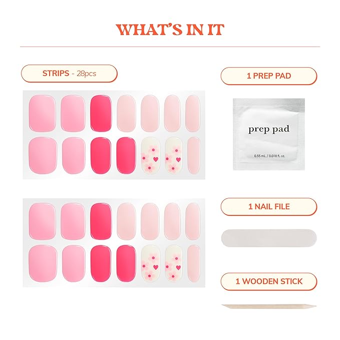 Heyhae Semi Cured Gel Nail Strips | No LED Lamp Needed | Pink, Valentines | Easy Apply & Remove, Salon Quality | Includes 28 Strips, 1 Prep Pads, Nail File & Wooden stick - Hey, Love Blossom