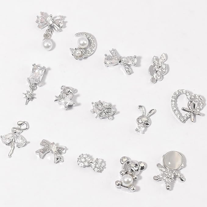 HNUIX Nail Charms and Gems - Silver Copper Zircon, Multiple Shapes 3D Dangle, Metal Luxury Jewelry Rhinestones for Nails 14 Pieces