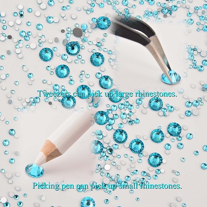 NCB 8000pcs Non Hotfix Rhinestones 10 Sizes Flatback Crystal Glass Rhinestones with Tweezers and Picking Pen for Nail Art Clothes Bags Phone Decorations Crafts DIY (004 Aquamarine Mix SS3-SS30)
