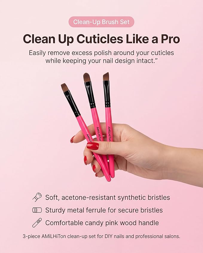 3PCS Nail Clean-Up Brushes, Round/Angled/Flat, Acetone-Resistant Cuticle Polish Remover for Nail Art & Manicures（Rose Red）