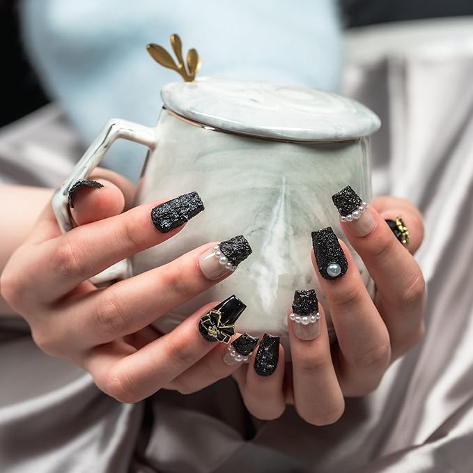 Sun&Beam Nails Handmade Short Medium Coffin Ballerina Black False Nail Tips with Cute 3D Pearl Popular Charm Design Press On Nails 10 Pcs (#61 L)