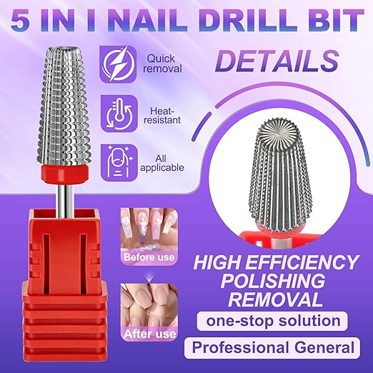 FANTEXY 3/32" Carbide Nail Drill Bits - 5 in 1 Cuticle Drill Bits for Nails, Gel Remover Drills Bit, Professional Nails File Bits for Old Skin and Nails, Manicure Pedicure Gel Polishing (Fine - F)