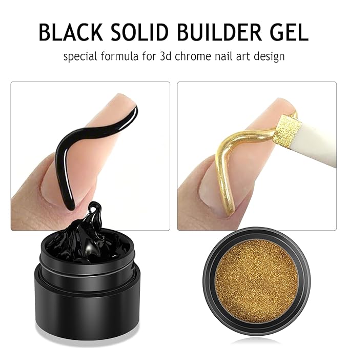 3D Sculpting Gel for Nail Art, 2PCS Clear & Black Solid Builder Kit, Non-Stick Molding Hard Gel with Silicone Carving Pen and Gold Chrome Nail Powder, Professional Nail Salon Supplies