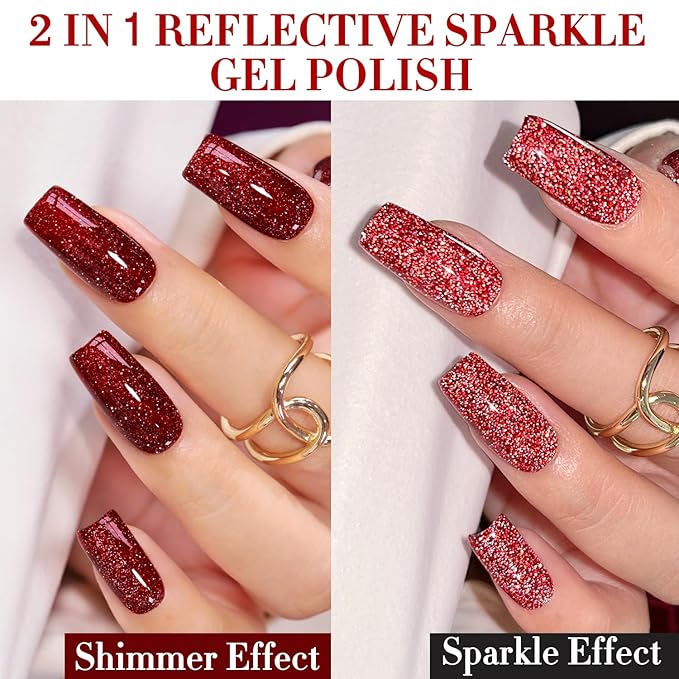 Double Rhythm 0.5Oz Glitter Gel Polish Same Color Same Bollte Shimmer Reflective Color for Nail Art Salon DIY Soak Off 15ml Nail Lamp Gel Polish at Home (Dark Red-B1159)