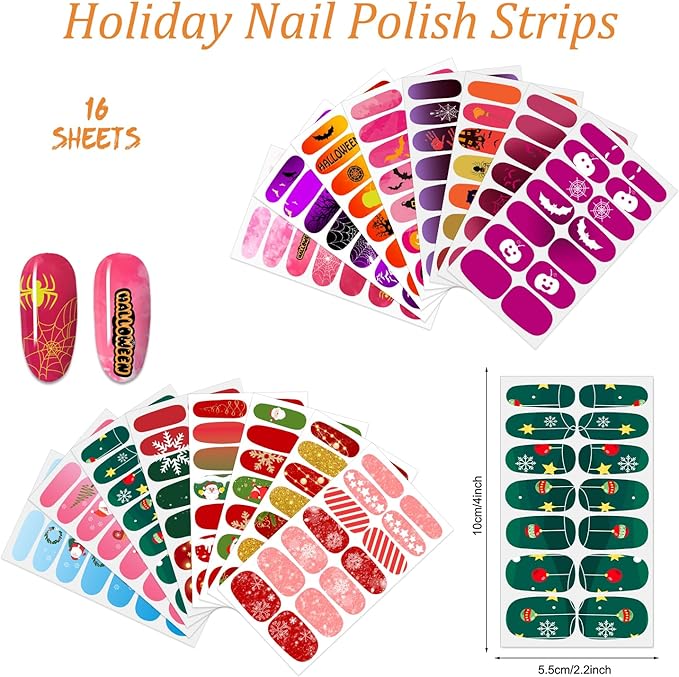 JERCLITY 16 Sheets Halloween Christmas Nail Polish Strips Nail Wraps Bat Spider Jack-o'-Lantern Snowflake Santa Claus Christmas Tree Nail Stickers for Women Holiday Manicure