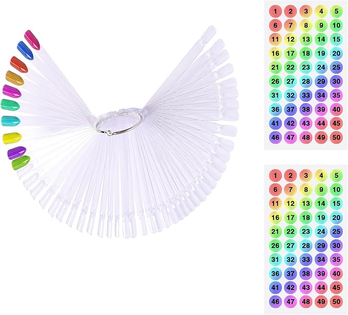 Fan-Shaped Nail Swatch Sticks with Number Stickers, Nail Practice Sticks, Color Display Wheel, Sample Tips (Transparent-50pcs)