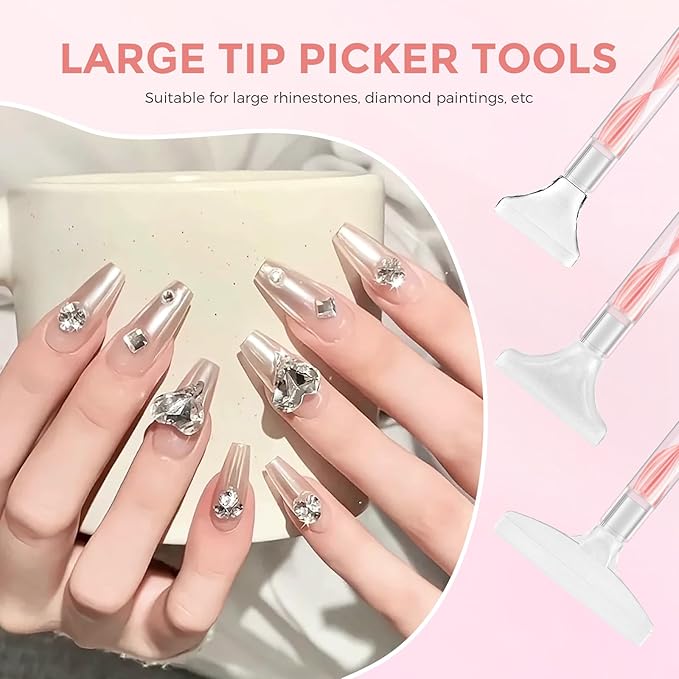 Rhinestone Picker Tool Kit: 2Pcs Rhinestone Picker Handle, Dual-Ended Rhinestones Applicator Dotting Pen with 12 Upgraded Plastic Replacement Tips, Clay, Bedazzling Tools for Nail Art Craft (Pink)