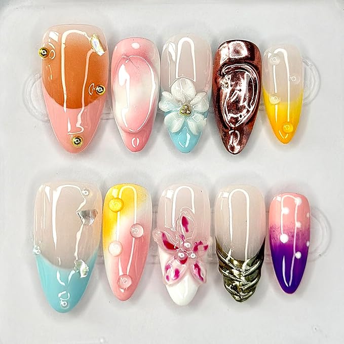 Luxury Press on Nails Medium Almond Handmade 3D Unique Reusable ABS Material Fake Nails Chrome French Tip False Nails with Designs Pearls Floral Art Petal Glossy Glue on Nails Thick Acrylic Nails(M)