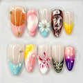 Luxury Press on Nails Medium Almond Handmade 3D Unique Reusable ABS Material Fake Nails Chrome French Tip False Nails with Designs Pearls Floral Art Petal Glossy Glue on Nails Thick Acrylic Nails(S)