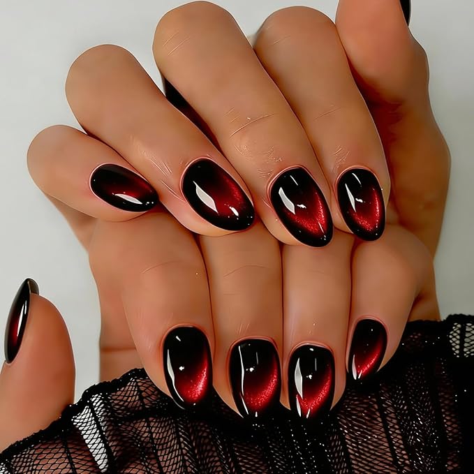 Cat Eye Press on Nails Short, Chrome Press on Nails Oval, Thick Glazed Dark Wine Red Fake Nails Press ons for Women Party Prom, Reusable Magnet Glitter Glue On Nails Almond in 15 Sizes, 30 Pcs