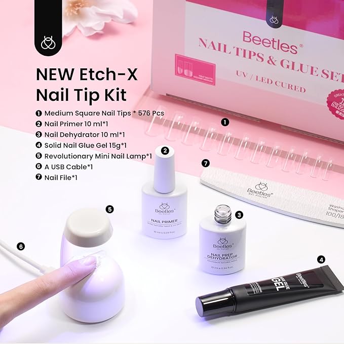 Beetles Gel Nail Kit Etch-X, Medium Square, 576pcs 12Size, with Nail Dehydrator and Primer, Solid Glue Mini Lamp, Half Matte Gel Nail Tips Acrylic Tips Easy DIY Extension Set Gift for Women