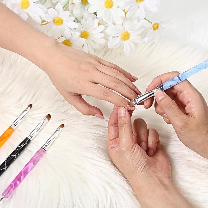 Jeffdad 4 Pcs Gel Nail Brush French Gel Acrylic Nail Art Brush with Dotting Tool Professional Manicure Brush Small Detail Painting 3D Acrylic Brushes (10# 12# 14# 16#, 4 Colors)