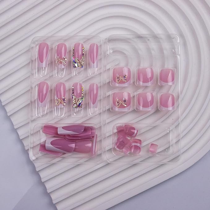 48Pcs Square Press on Nails Medium & Press on Toenails Set, White French Tip Fake Nails with Bow Designs Pink False Nails Short Press on Toe Nails Glue on Toenails Kit for Women Manicure
