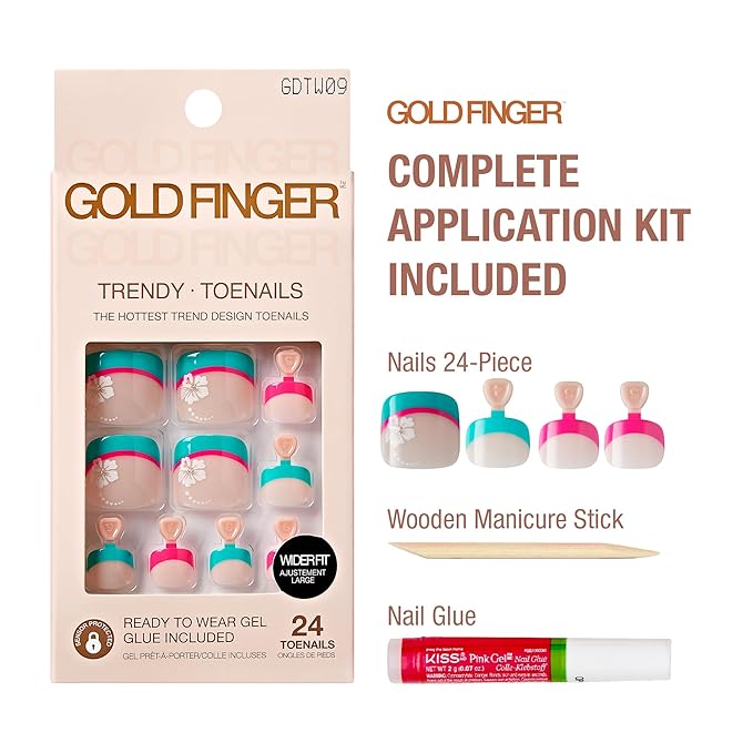 GoldFinger 24 Pcs Press On Toenails, Wide Fit Fake Nails, French Tip Gel Stick On Extensions, Reusable DIY Pedicure False Nail Kit with Glue, Cuticle Stick & File, 7 Day Long Lasting Wear