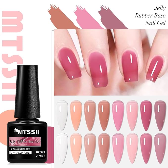 MTSSII Jelly Nude Rubber Base Gel Nail Kit, 8 Colors Clear Pink Crystal Translucent Color Construction UV Gel Semi Permanent Soak Off UV LED Varnish
