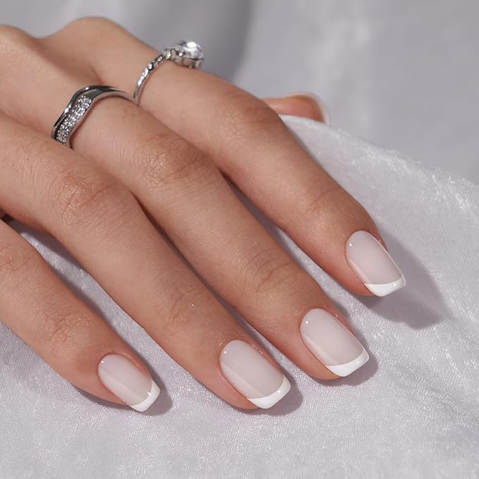 BTArtbox Press On Nails - White French Tip Press on Nails Square, Glue On Nails for Wedding Gift, Supremely Fit & Natural Stick On Nails in 15 Sizes - 30 Fake Nails Kit, Classic French