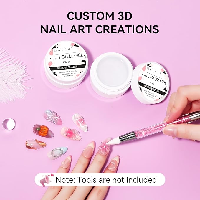Makartt 3D Gel Nail Art: 4 in 1 Clear Solid Gel Builder for Extension UV Nail Glue for Acrylic Nails Rhinestones 3d Sculpting Gels Hard Gels for Nails UV/LED Nails Lamp Required 15ML 2 Bottles