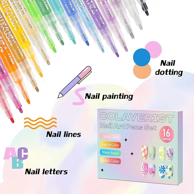 16 Colors Nail Art Pen Set, Nail Art Markers for DIY Nail Drawing, Dotting, and Striping, Manicure Design Tools for Salon and Home Use