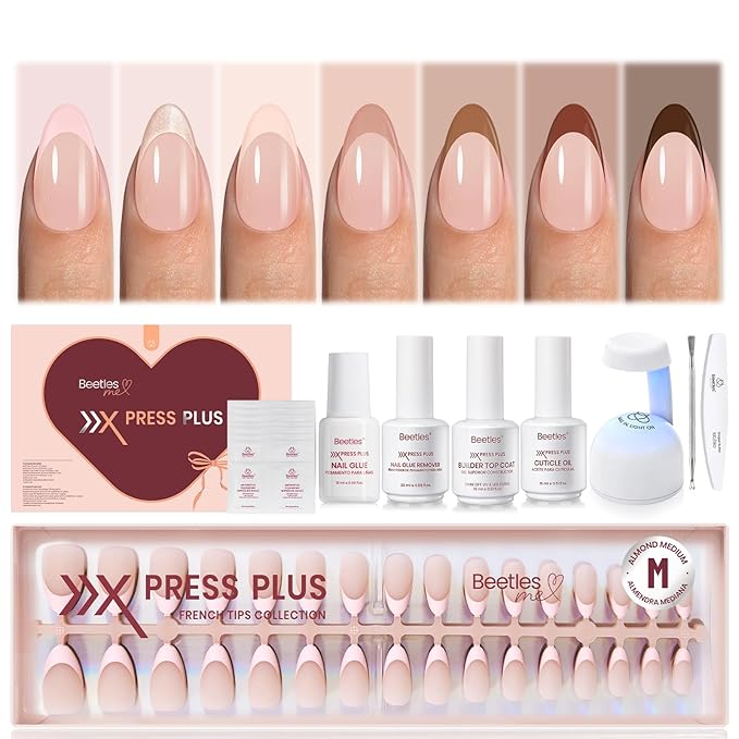 Beetles Press On Nails Kit - Cappuccino Mousse French | 7 Colors Medium Almond French Tip Press On Nails | 224Pcs 16 Sizes All-in-One Kit With Nail Glue,Remover,Builder Top Coat,Nail Lamp