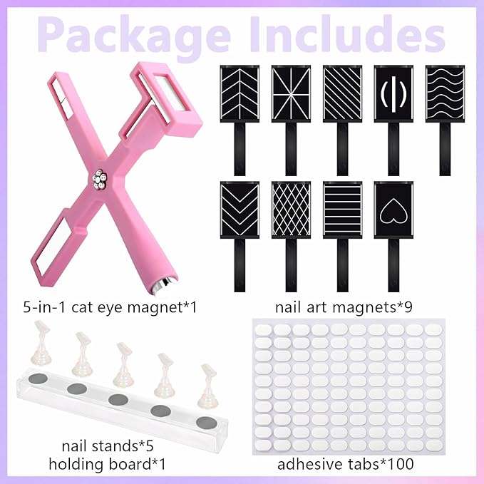 Laza Super Strong 5-in-1 Nail Magnet Tools with 5 Stands, 100 Adhesive Tabs and 9 Patterned Magnetic Nail Polish Wands for Galaxy Cat Eye Nails