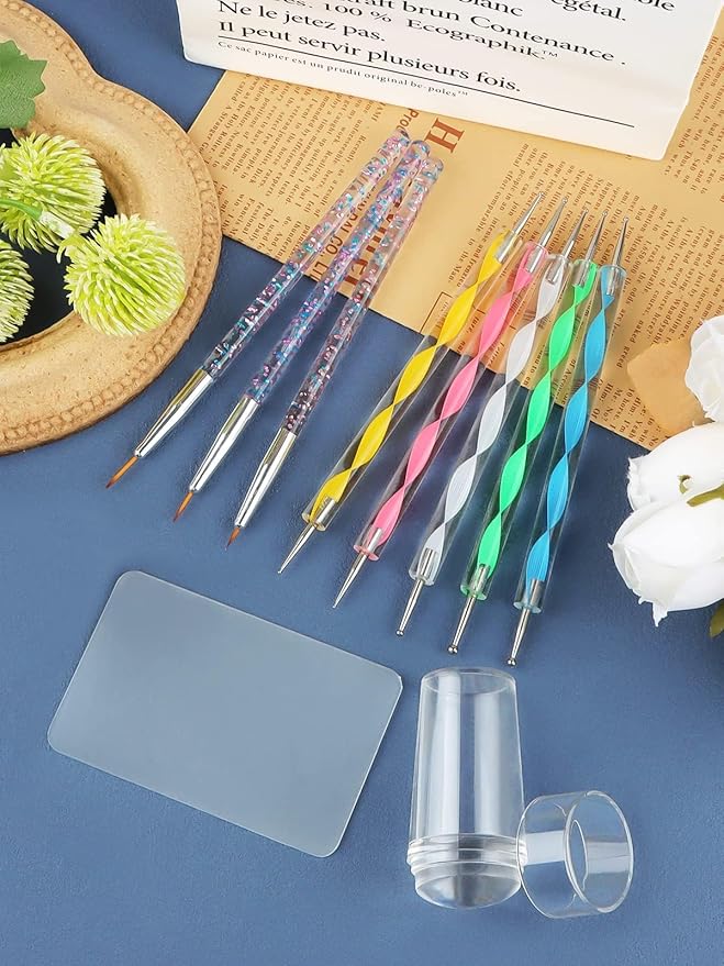Kalolary Silicone Nail Stamper Set, French Tip Nail Stamp Jelly with Scraper, 3PCS Nail Detail Brush Set Nail Art Brush Pen, 5PCS Nail Dotting Pen, French Tip Nails Art Design Manicure Tools