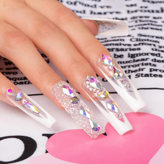 LOVFUL Press on Nails Aurora Light | Handmade with Full Covered Crystals | Reusable Fake Nails | Square Mid length 1.7in | H36-M