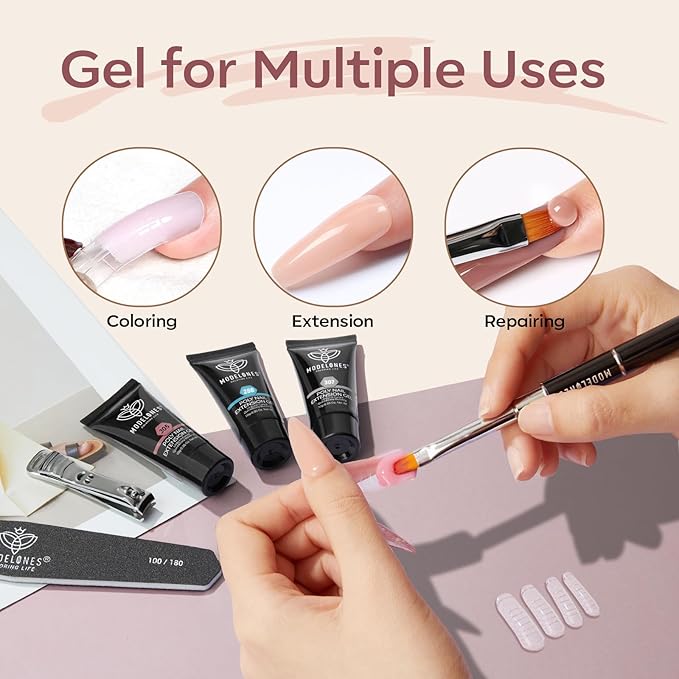 modelones Poly Nail Gel Set - 12 Colors 15g Nude Pink Brown Tone All Seasons Poly Nail Extension Gel Kit Trendy Art Design Professional Salon at Home Holiday Gift for Girl