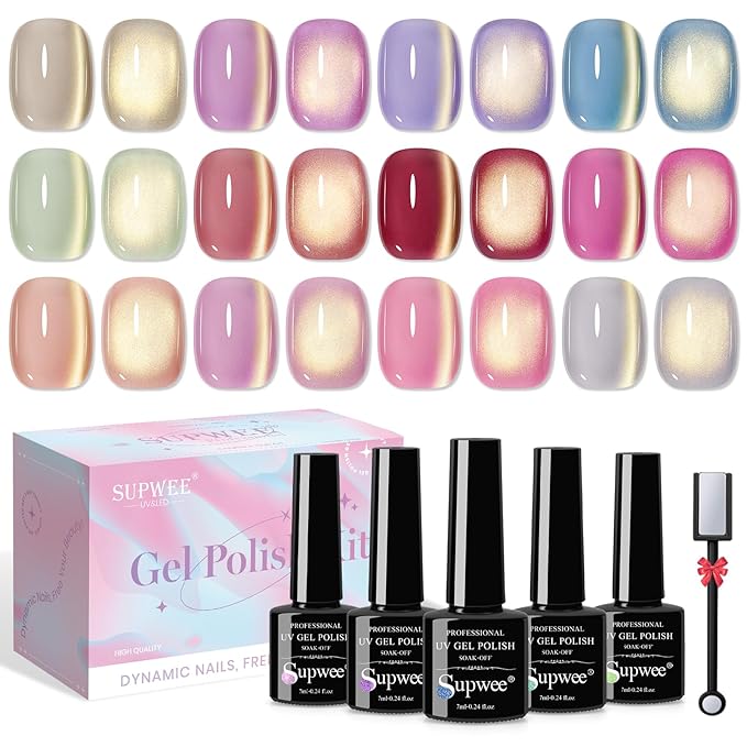 Cat Eye Gel Nail Polish Set, 12 Colors Magnetic Cateye Gel Polish with Magnet Holographic Gold Glitter Pink Purple Blue Summer Color Cat Eye Effect Soak Off Lamp for DIY Salon Manicure at Home