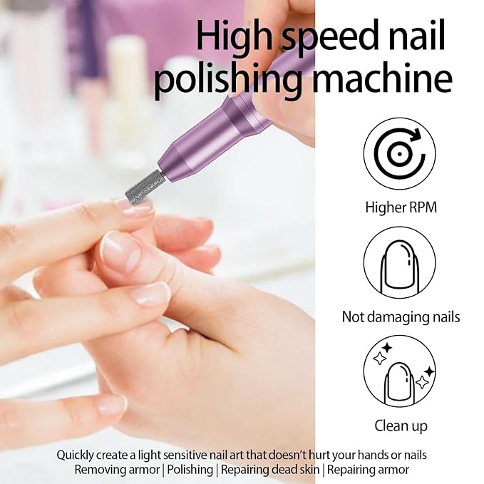 Nail Drill Kit Electric Rechargeable Set Cordless Nail Art Grinding Machine Compact Professional Nail File for Gel Manicure Pedicure Polishing Tool Household,Nail Removal Machine (Purple)