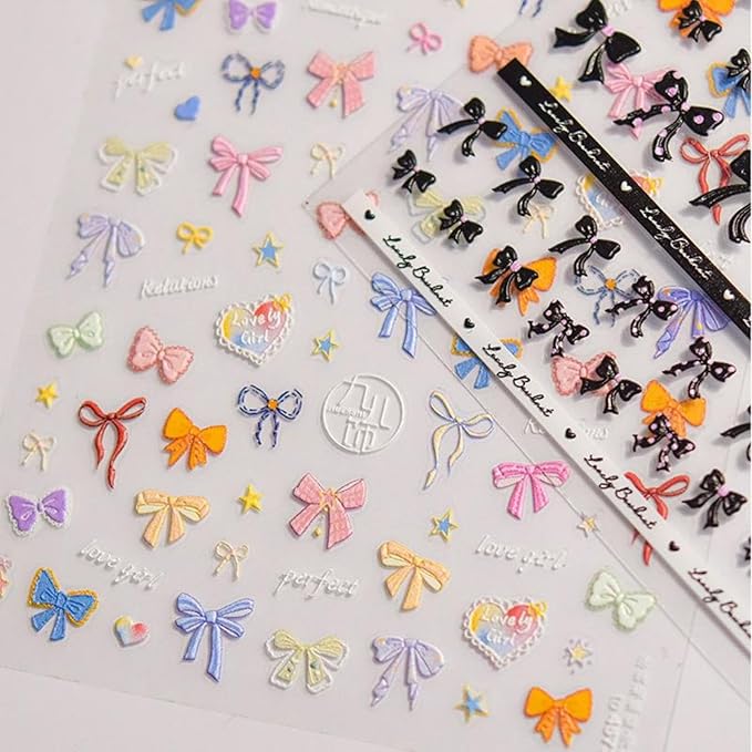 Bow Nail Stickers Decals Cute Nail Art Stickers Colorful Nail Decals 5D Self Adhesive Bow Knot Nails Art Decals Nails Charms Supply for Women Girls Kid Manicure Decoration Accessories 2 Sheets