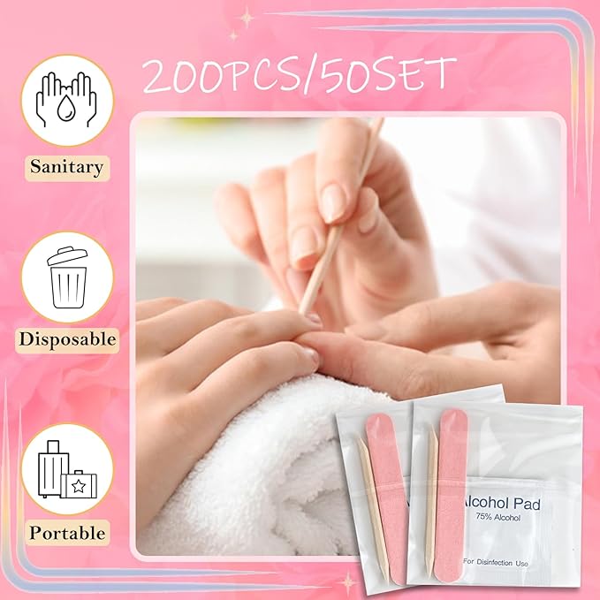 50 Set Disposable Press on Nail Tool Kit, including 50pcs Nail File, 50pcs Prep Pad, 50pcs Wood Stick, 50pcs OPP Bag, Manicure Nail Prep Kit for Salon Home (50pcs-A-pink)
