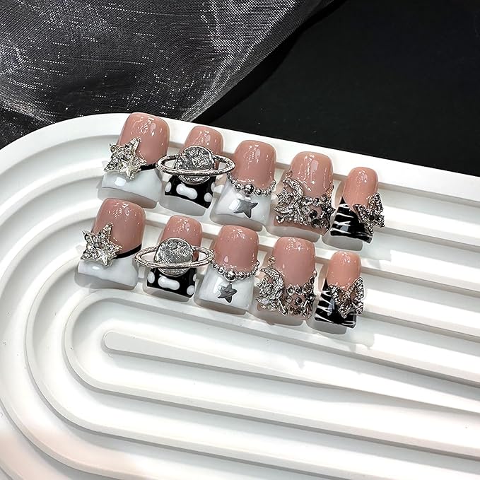 10Pcs Handmade Duck Press on Nails Short Medium Acrylic Fake Nails with 3D Stars Butterfly Rhinestone Design French Tip False Nails Handmade Duck Nails Press ons Holiday Glue on Nail for Women (S)