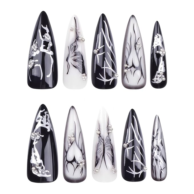 xl Black Press on Nails Long Almond Nails Press Ons Butterfly&Love Design False Nails Full Cover Arificial Glossy Fake Nails Gift for Womens 24pcs