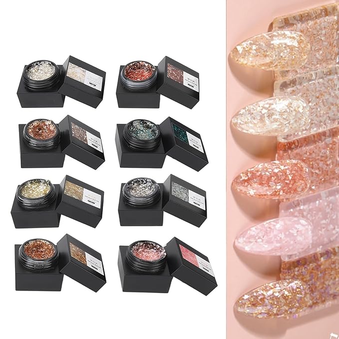Glitter Gel Nail Polish, Solid Gel Nail Polish Sparkly Gel Nail Polish 8 Colors Nail Sand Shell Gel Polish Soak Off Gel Polish Set for Home Nail Tech DIY Nail Art