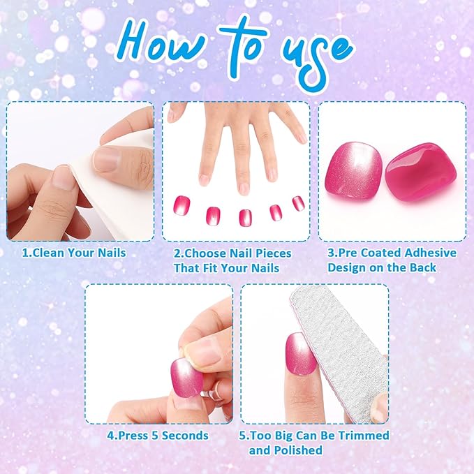 JANYUN 96 Pcs Cat Eye Design Fake Nails Press on, Nails Pre-glue Full Cover Short False Nails Nails Christmas Lovely Gift