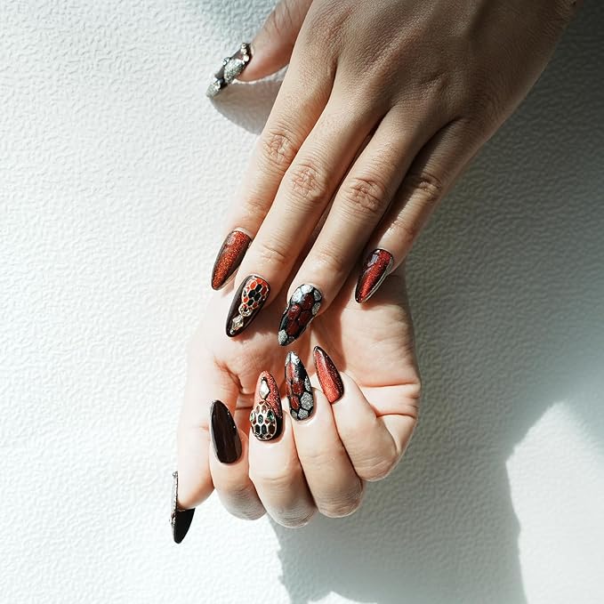 Dark Red Press on Nails Luxury Medium Almond, Handmade Fake Nails 3D Design with Snake Charm Rhinestones Glossy Full Cover Thick Acrylic Nails for Valentine's Day(Red Flame,M)