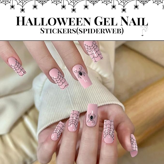 Semi Cured Gel Nail Strips,28 pcs Halloween Gel Nail Stickers (Spider Web),Long Lasting Polish Stickers Work with Any UV Light, Easy to Apply Spider Nail Art Decals for Festival