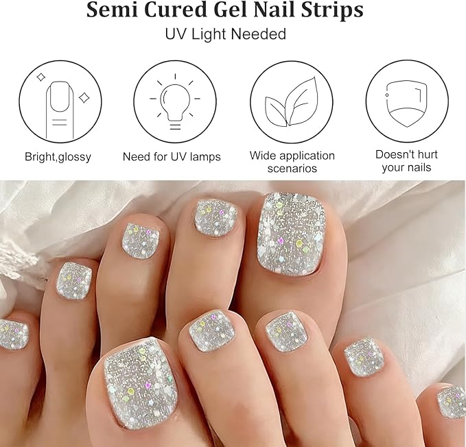 26 Pcs Semi Cured Gel Toe Nail Strips Silver Glitter Gel Nail Stickers Full Cover Clear Nails Wraps Self Adhesive Toe Nails Polish Strips Stickers for Women UV/LED Light Required