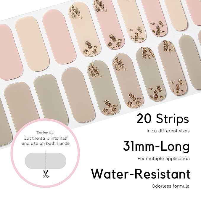 NAILOG Semi Cured Gel Nail Strips, 20Pcs Nude Color Goldleaf Long Lasting Gel Nail Stickers, Salon Quality Easy Apply & Remove Works with Any UV/LED Nail Lamps, Tea Time