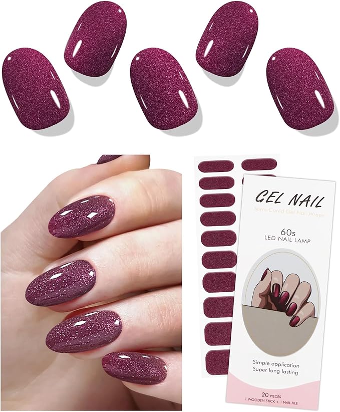 JMEOWIO Gel Nail Stickers Glitter Dark Red Semi Cured Gel Nail Strips Wraps UV/LED Nails Art Design Decoration Accessories