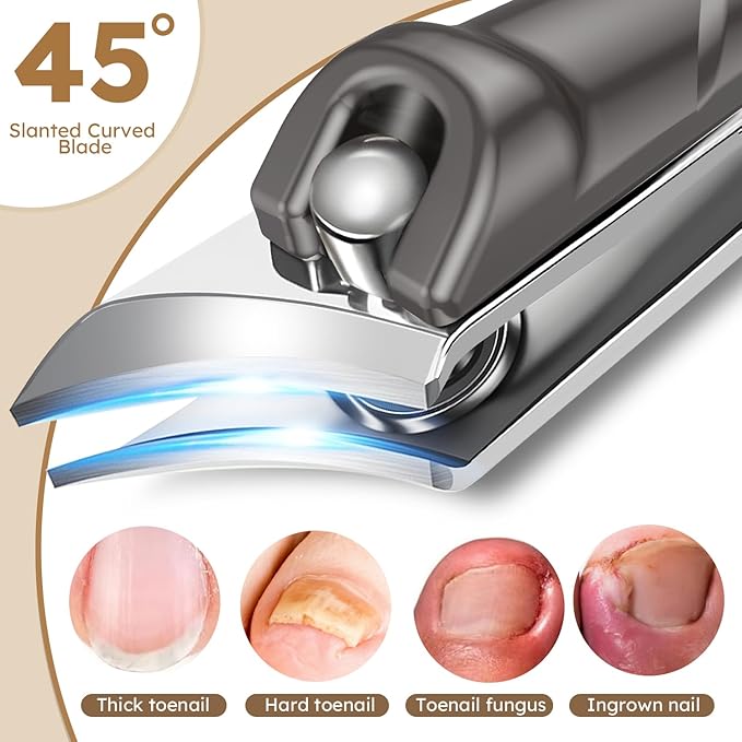 Extended Toenail Clippers for Thick Toenails, Long Handled Nail Clippers for Seniors Angled Head Cutters with Catcher, Ergonomic Wide Jaw Opening,45° Slanted Curved Finger Nail Clippers for Men Women