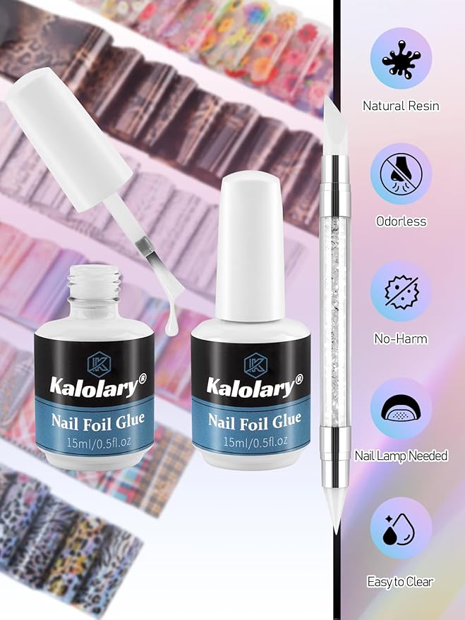 Kalolary 30ML Nail Foil Glue Gel with 60Pcs Foil Transfer Stickers Set, Holographic Laser Buffalo Plaid Flower Leopard Cheetah Nail Art Transfer Stickers for Salon Home Use