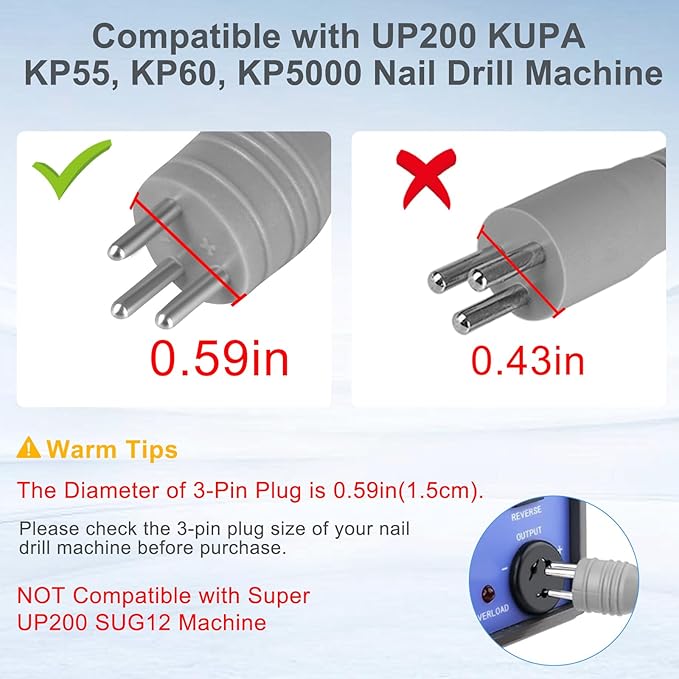 Nail Drill Handpiece for UP200 Machine, Compatible with KUPA KP55, KP60, KP5000, HoMove 35000RPM Professional Electric Nail File Handle Replacement 3 Pins, Low Noise and Comfortable (Only Handpiece)