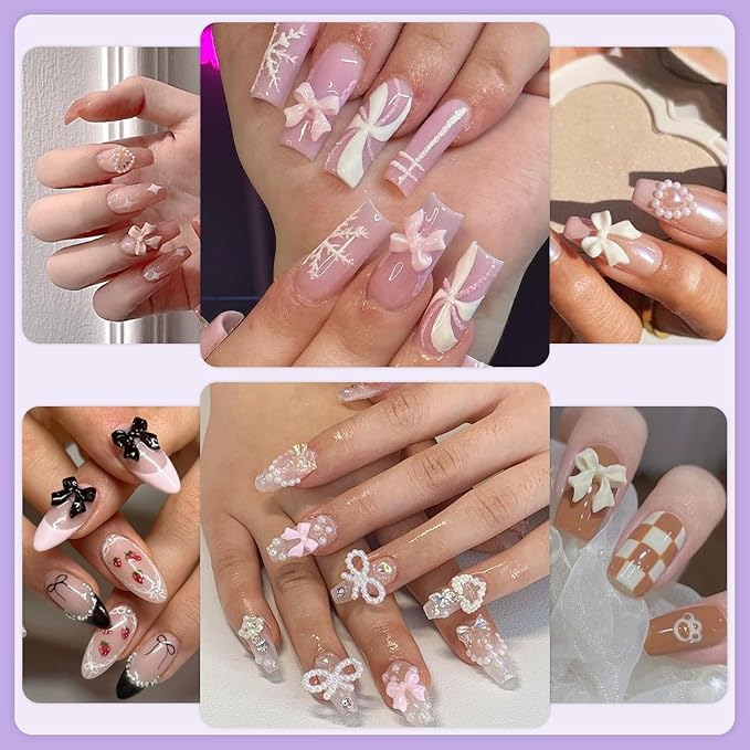 1 Box 3D Bow Charms & Flatback Pearls Set - 120 Pcs Cute Bow Charms in 6 Colors + 2-4mm White Nail Pearls with Pickup Tweezer & Pencil for Nail Art Decoration