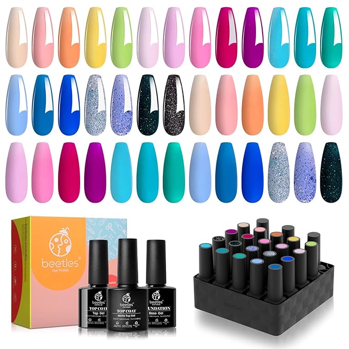 Beetles Gel Polish 5 in 1 Nail Glue and Base Gel Kit for Acrylic Nails and Gel Polish Nail Set 20 Colors Fantasyland Collection Pastel Bright Pink Purple Navy Blue Green Glitter Led Soak Off