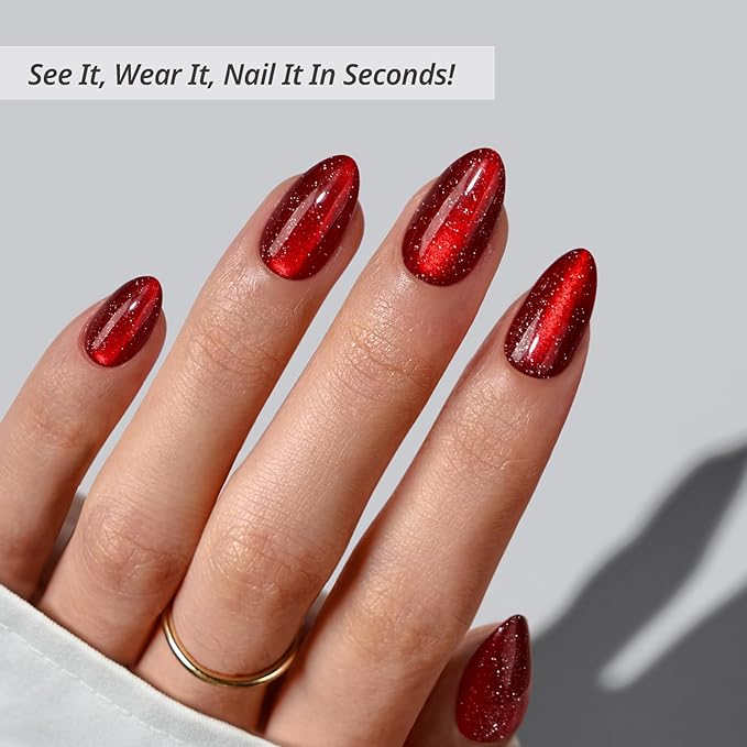 BTArtbox Press On Nails Short - New Red, Sparkle Deep Red Almond Press On Nails with Glue and Adhesive Tabs for Women in 16 Sizes - 32 Soft Gel Glue On Nails Kit