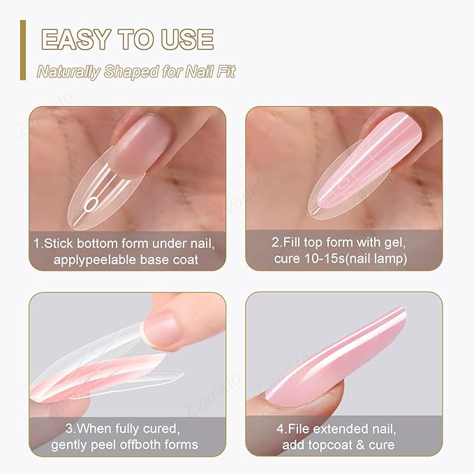 Sandwich Nails Dual Forms 240Pcs Long Almond Shape, Nail Extension Forms with 15 Sizes, Reusable Plastic Nail Mold for Builder Gel & Poly Gel, No Paper Forms Needed, Salon & Home DIY Nail Art